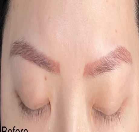Warm saturated brow tattoo — before removal, real client