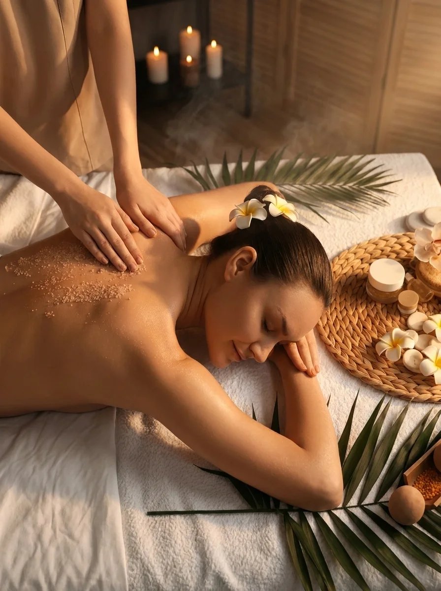 The signature body scrub ritual — warm salt scrub by candlelight