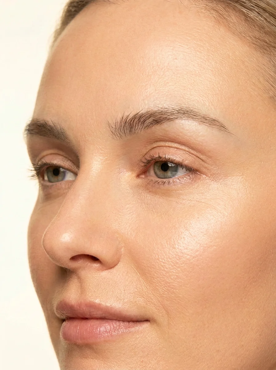 A beautifully natural brow after restoration — soft, feathered, pigment-free